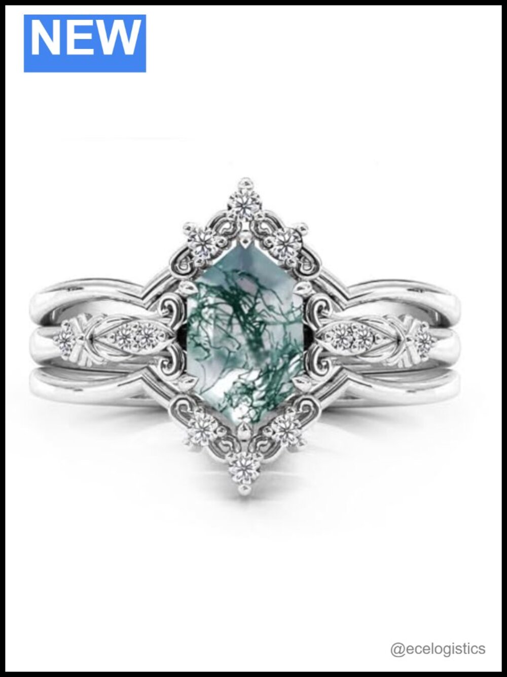 Moss Agate Sterling Silver Ring Set Leaf Art Deco Hexagon/Pear